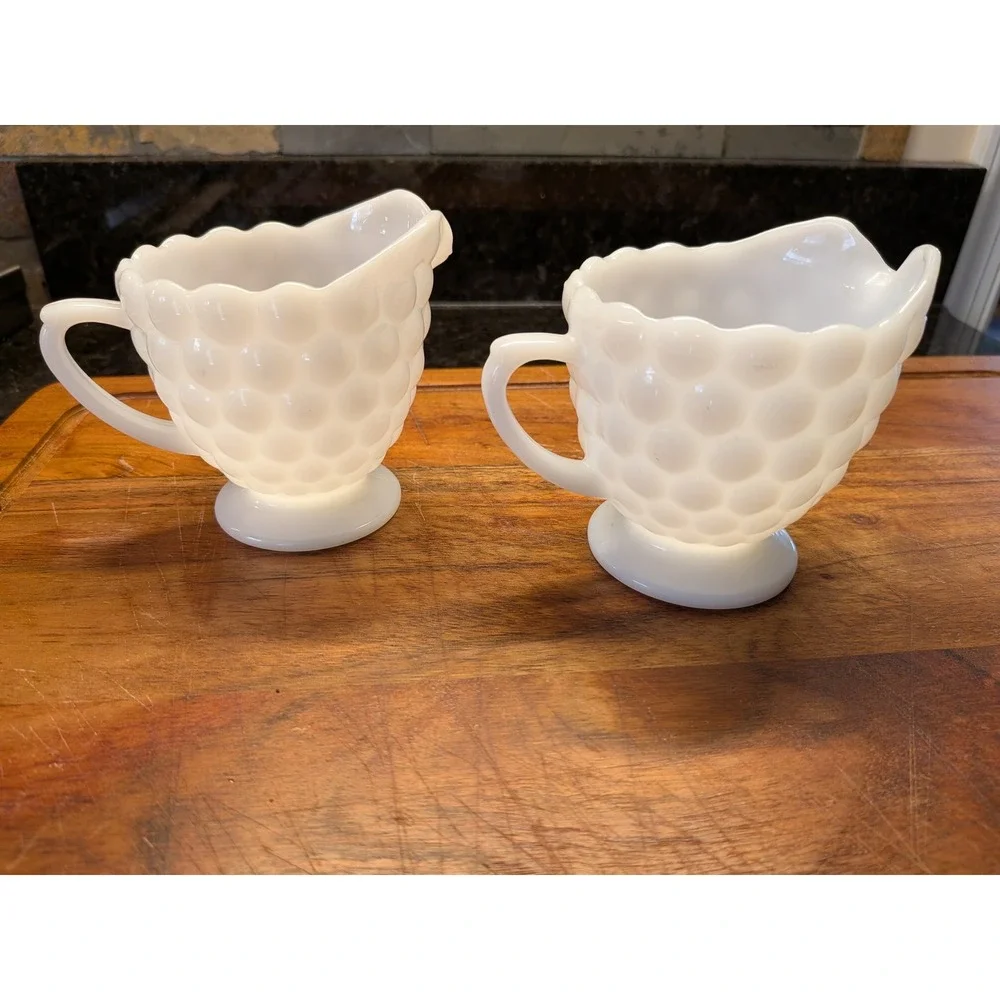 Vintage Westmoreland Milk‎ Glass English Hobnail Creamer Pitcher Set of 2 White